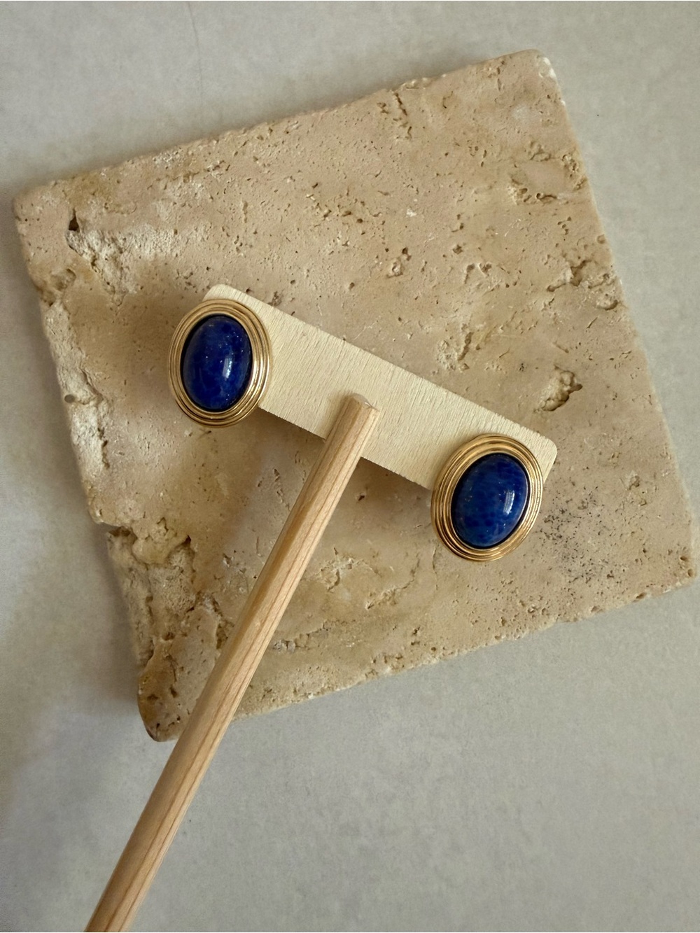 Dior Vintage Gold Tone Blue Lapis Stone Oval Stud Earrings